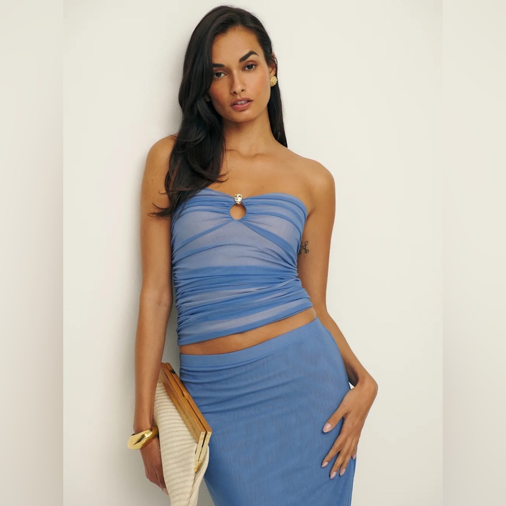 Reformation Blue Strapless Ruched Crop Top - Picture 2 of 8
